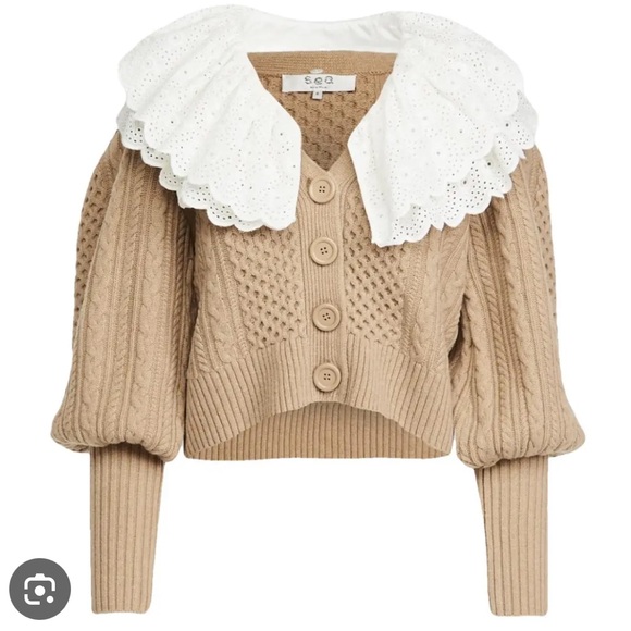Sea New York Melanie Cardigan Sweater with Peter Pan Collar Ruffled - Picture 1 of 12